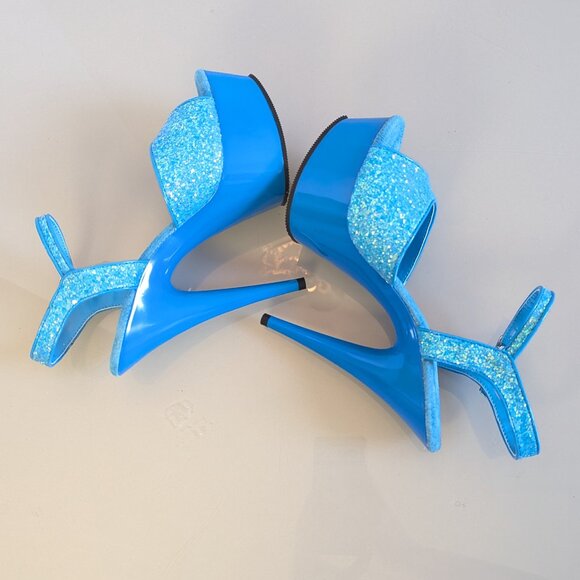Pleaser Delight 609 Neon Blue Chunky Glitter Peep Toe Platform Stiletto Heels 8 - Picture 5 of 10